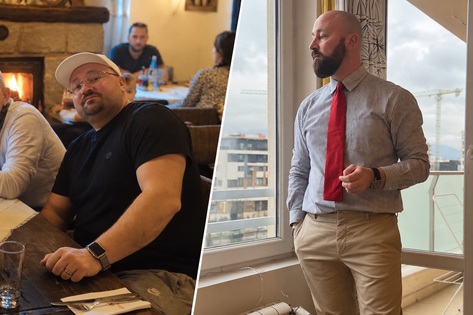 The founder before and after: on the left, at a restaurant table during the drinking years; on the right, standing by a window today.