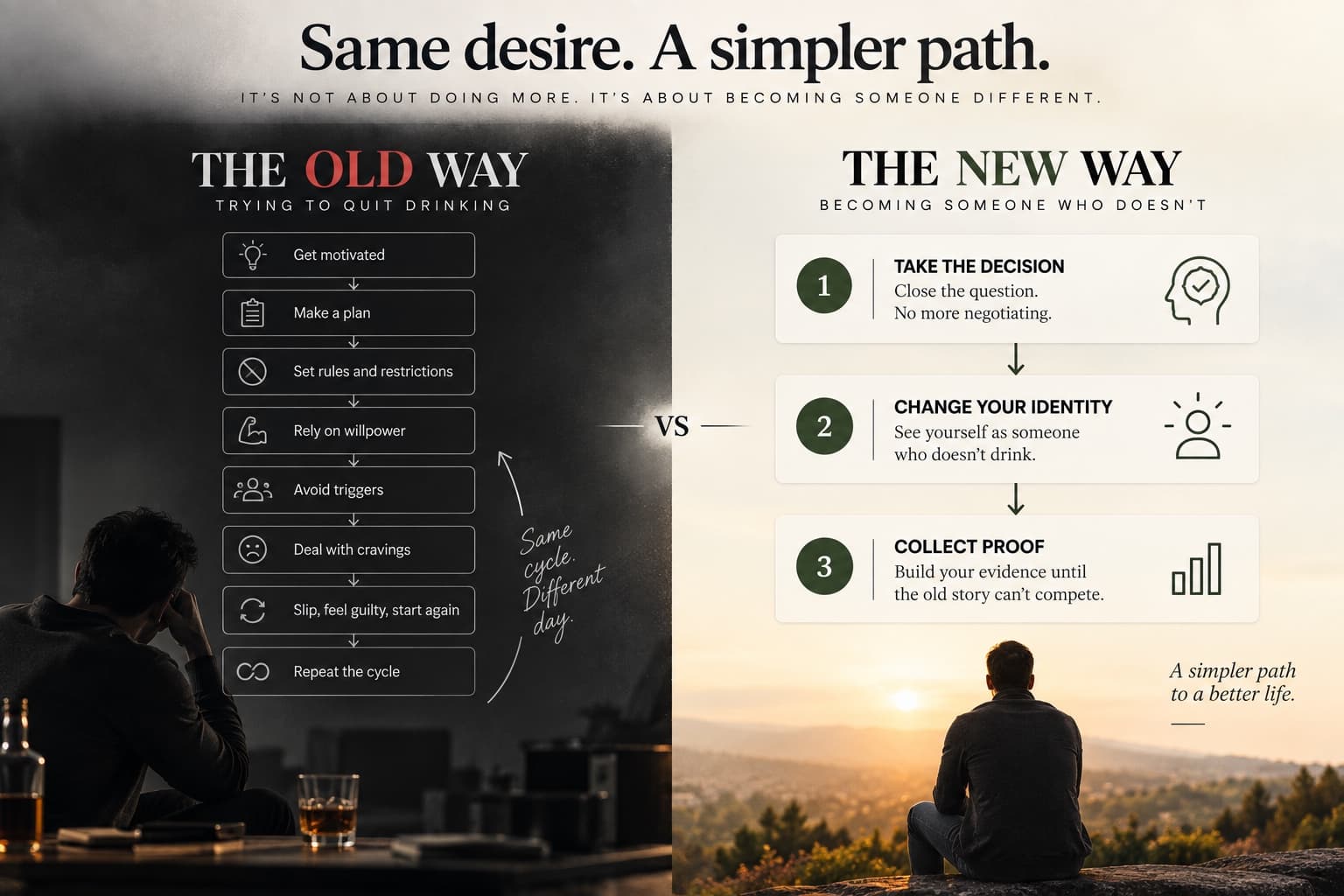 Same desire, a simpler path. The Old Way: get motivated, make a plan, set rules, rely on willpower, avoid triggers, deal with cravings, slip and start again, repeat the cycle. The New Way: take the decision, change your identity, collect proof.