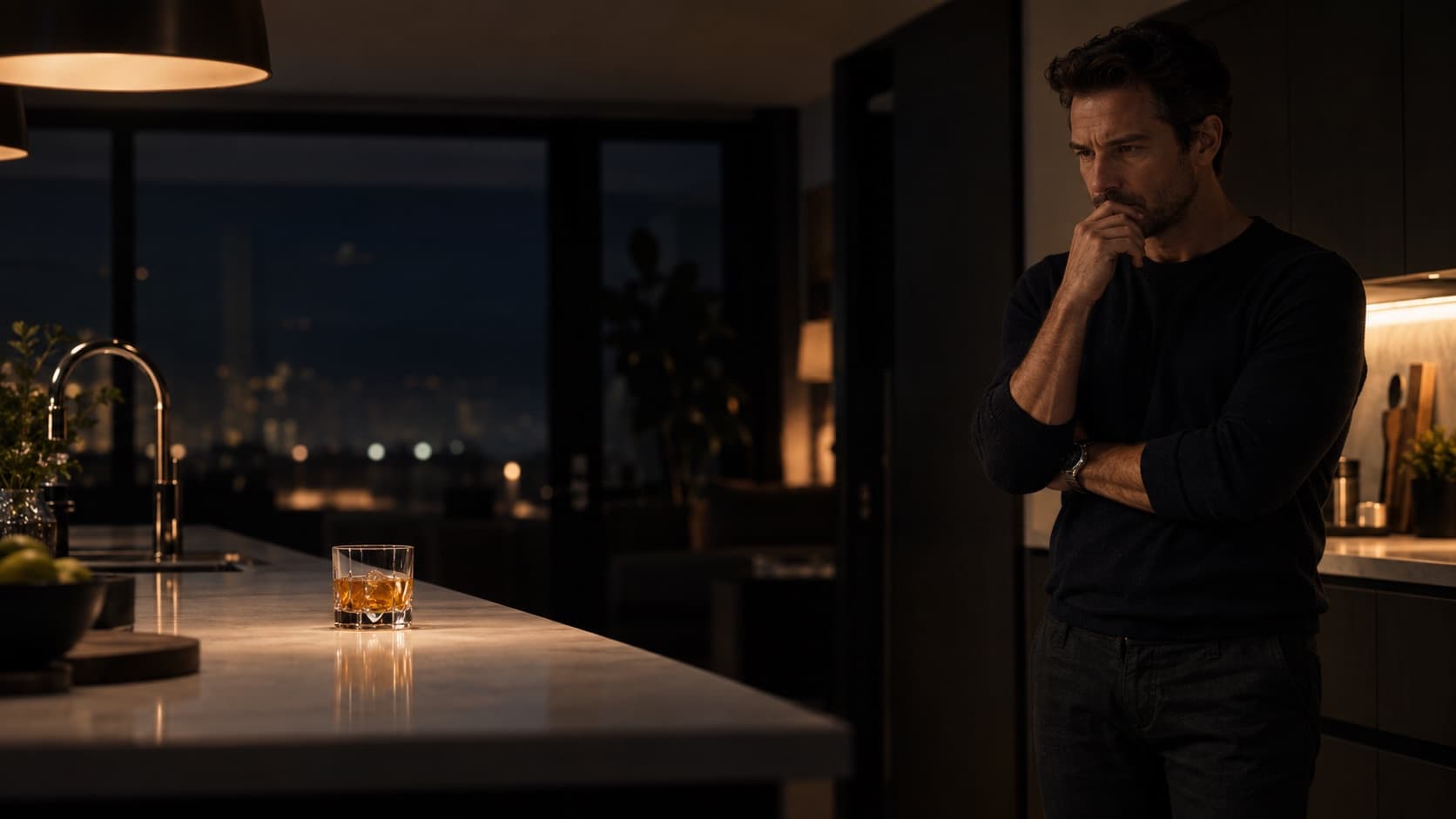 A man alone in a dark kitchen late at night, hand at his mouth, a poured glass of whiskey waiting on the counter.